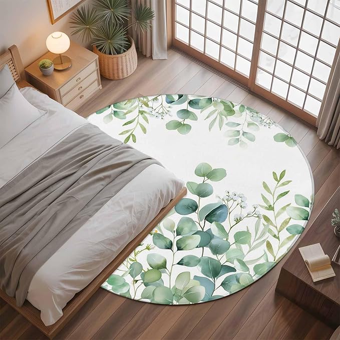 Sage Green Eucalyptus Leaves 3.3ft Round Rug, Farmhouse Botanical Non-Skid Rubber Backing Large Area Rugs - Living Room Bedroom Home Office, Country Indoor Floor Mat Carpets Washable Rug