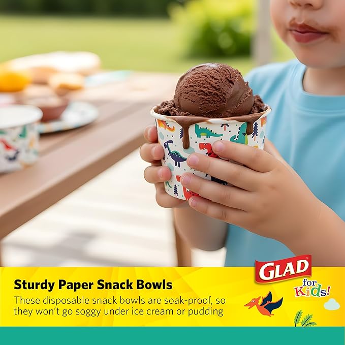 Glad for Kids Mini Dinosaurs Paper Snack Bowls, Colorful Heavy Duty Microwave Safe Disposable Bowls for Soup, Ice Cream, and Snacks, Lids Not Included, Multicolor, Party Pack, 6 Oz, 20 Count