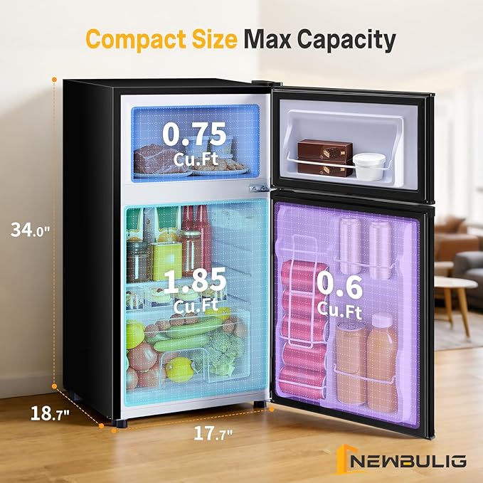 NEWBULIG Mini Fridge with Freezer 3.2 Cu.Ft Small Refrigerator for Office, Dorm, Small Fridge with Adjustable Thermostat, Energy Saving, Dual Door, Black