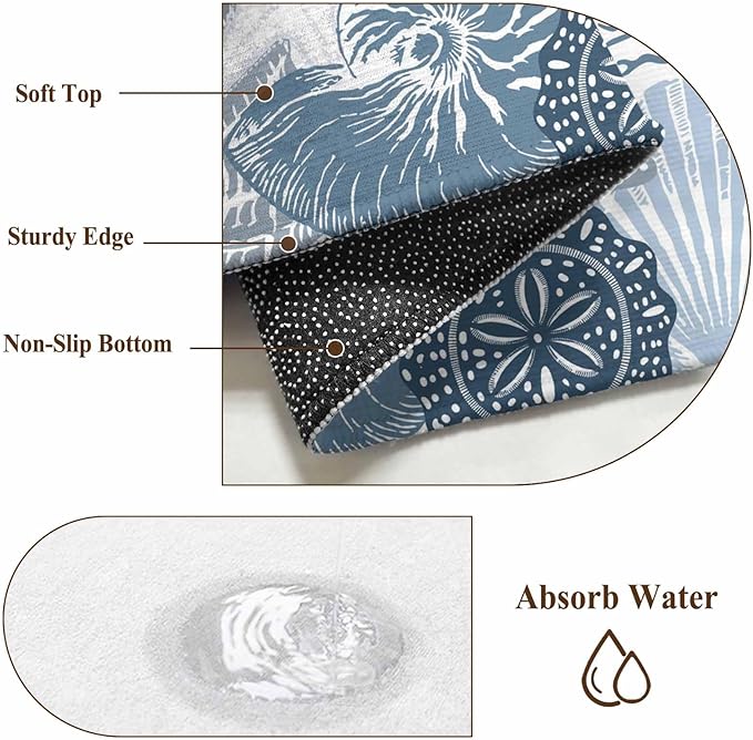 Washable Round Area Rug Underwater Blue Shells Starfish Coral Circle Rugs Floor Carpet for Living Room Bedroom, Summer Botantical Soft Non Slip Round Rug 3ft