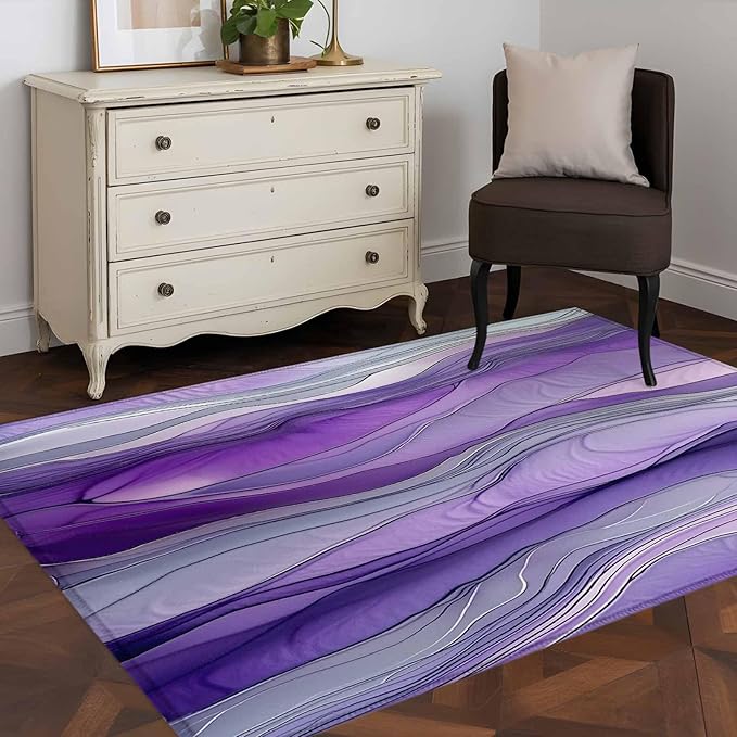 Area Rug 4x6ft, Abstract Art Purple Gray Wave Washable Rugs for Living Room Bedroom, Vintage Marble Texture Soft Non-Slip Area Rugs Rectangle Floor Carpet for Dining Room