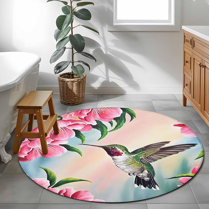 Washable Round Area Rug Hummingbird Flower Peach Blossom Circle Rugs Floor Carpet for Living Room Bedroom, Nature Oil Painting Art Soft Non Slip Round Rug 3ft