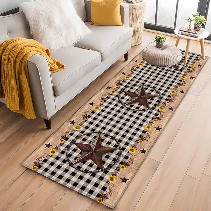 Runner Rug for Bedroom Hallway, Western Star Farm Sunflower Kitchen Runner Rugs Area Rug 2x6ft, Vintage Wood Grain Black Buffalo Plaid Washable Soft Floor Carpet for Entryway Stair