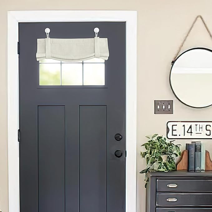 NICETOWN Natural Linen Door Curtains with Self Adhesive Hooks for Small Window, Countryside Thermal Insulated Window Covering for Classroom Office Glass Door, 1 PC, 24 x 18 inche Long