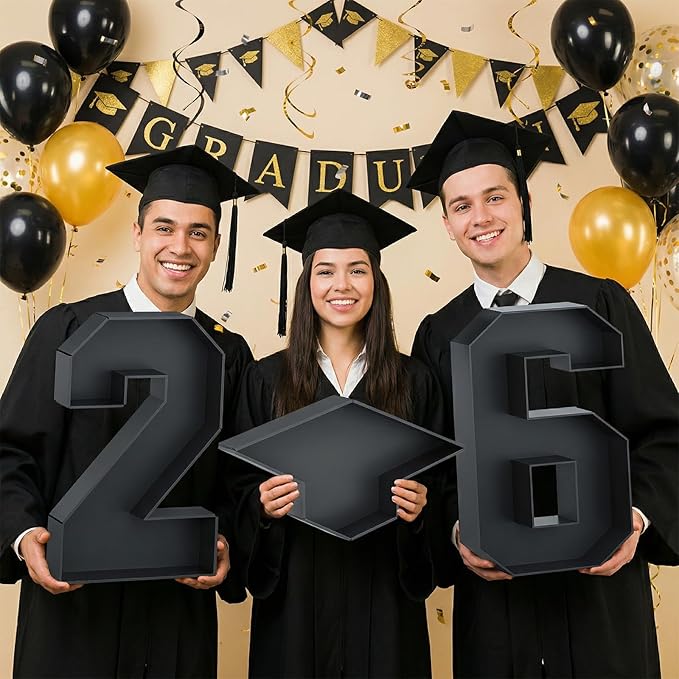26 Fillable Number for Charcuterie with Grad Cap Shaped Cardboard Tray Black 2026 Graduation Party Decorations 13.8'' Pre-cut Board Storage Decorative Paper Mache Box College Grad Table Supplies