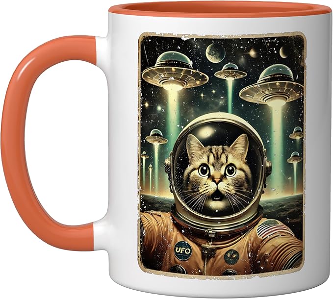 Space Cat Astronaut Funny UFO Sci-fi Alien Selfie Ceramic Mug, Orange/White