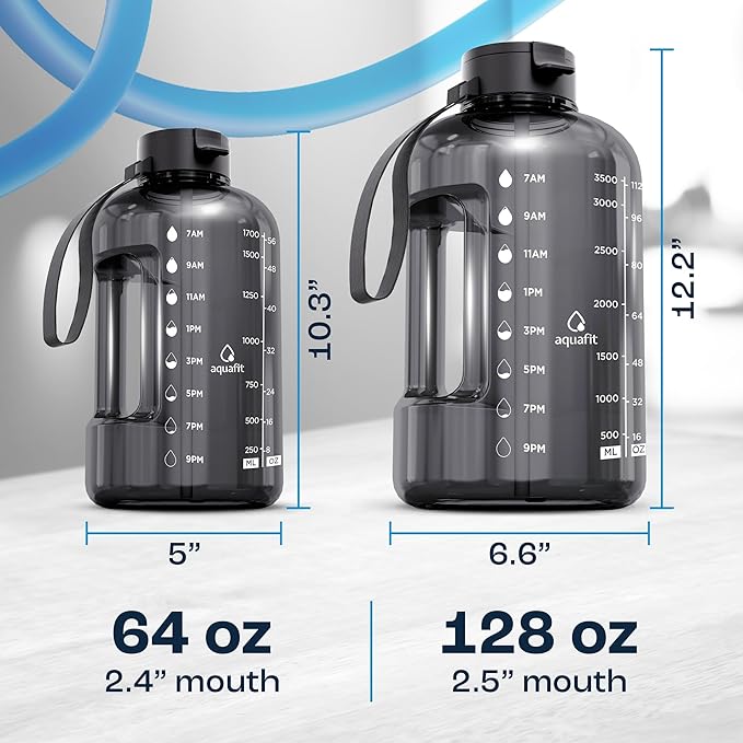 AQUAFIT 1 Gallon Water Bottle with Time Marker - Straw & Chug Lid - BPA Free Gym Water Bottle with Straw - Big Gallon Jug (Nebula 2, 128 oz - 2 Lids)