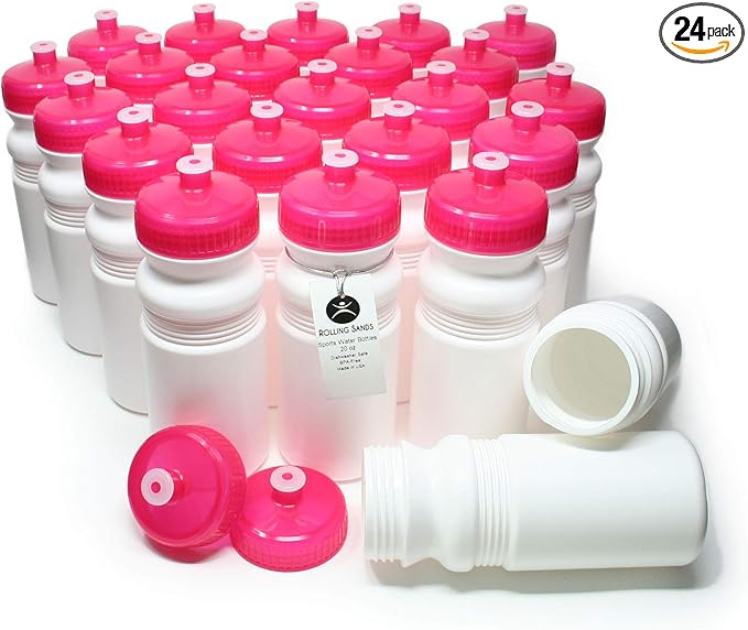 Rolling Sands Reusable Bulk Water Bottles 24 Pack - 20 Oz Sports Water Bottles, USA Made, BPA-Free, Wide Mouth for Easy Cleaning, Dishwasher Safe, Break Resistant - White Bottle/Pink Lid