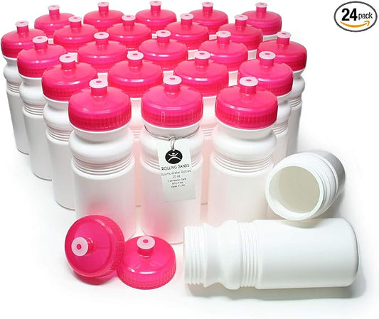 Rolling Sands Reusable Bulk Water Bottles 24 Pack - 20 Oz Sports Water Bottles, USA Made, BPA-Free, Wide Mouth for Easy Cleaning, Dishwasher Safe, Break Resistant - White Bottle/Pink Lid