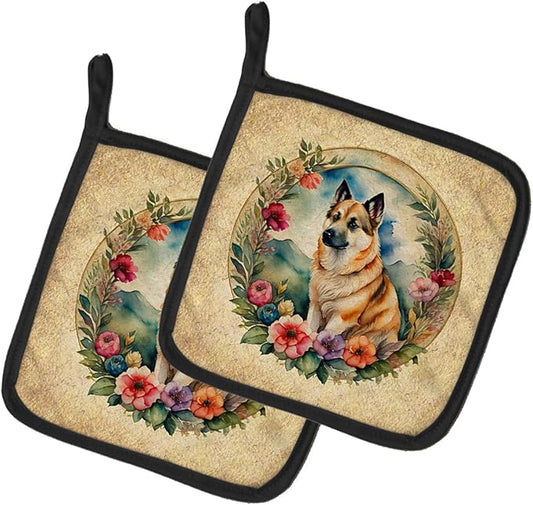 Caroline's Treasures Norwegian Buhund and Flowers Pair of Pot Holders Kitchen Heat Resistant Pot Holders Sets Oven Hot Pads for Cooking Baking BBQ, 7 1/2 x 7 1/2