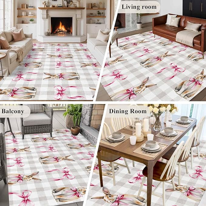 Area Rug 6x9ft, Easter Rabbit Pink Bow Washable Rugs for Living Room Bedroom, Seamless Bunny Gray Buffalo Plaid Soft Non-Slip Area Rugs Rectangle Floor Carpet for Dining Room
