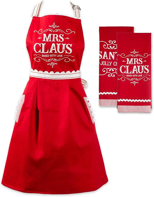 DII Christmas Kitchen Décor, Holiday Cooking & Baking Accessories Machine Washable Cotton, Apron/Dishtowel Set, Mrs. Claus Set, 3 Count