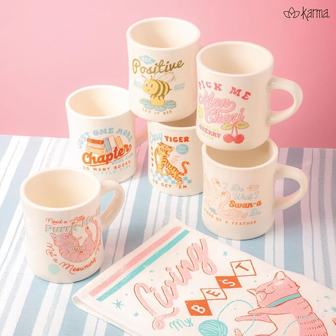 Karma 12 oz New Bone China Coffee Cup - Dishwasher Mirowave Safe - Cute Retro Design Giftable Mug for Women and Men, Tiger
