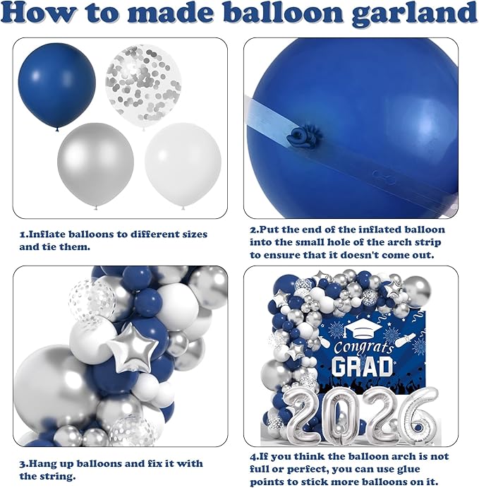 Graduation Decorations Class Of 2026: Navy Blue and Silver Graduation Decorations 2026 Graduation Balloons Arch Kit Congrats Grad Backdrop Party Supplies for High School & College Celebrations
