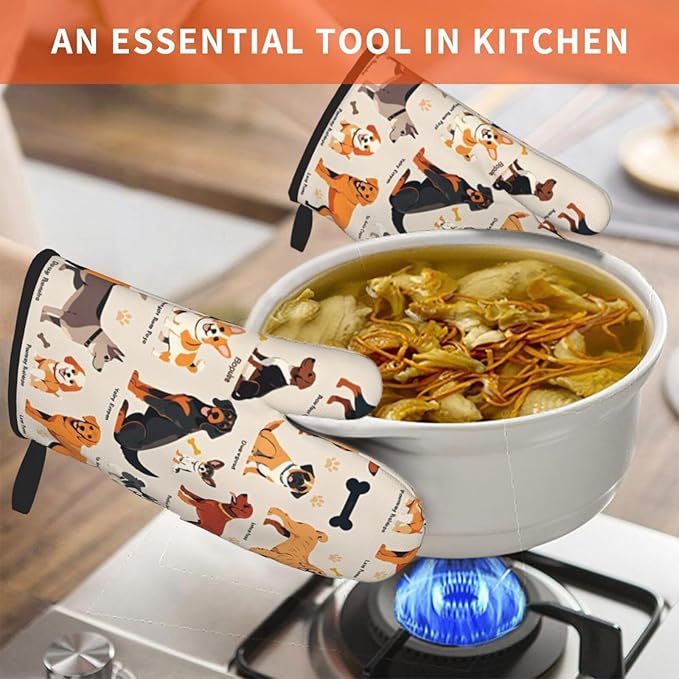 Dogs Design Oven Mitts of 2-Pack, Funny Kitchen Gloves Heat Resistant Non-Slip Kitchen Mitts Safe Cooking Baking Grilling