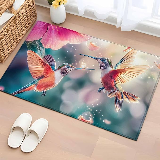 Area Rug 2x3ft, Spring Hummingbird Pink Petals Flowers Washable Rugs for Living Room Bedroom, Dreamlike Animal Focus Scenery Soft Non-Slip Area Rugs Rectangle Floor Carpet for Dining Room