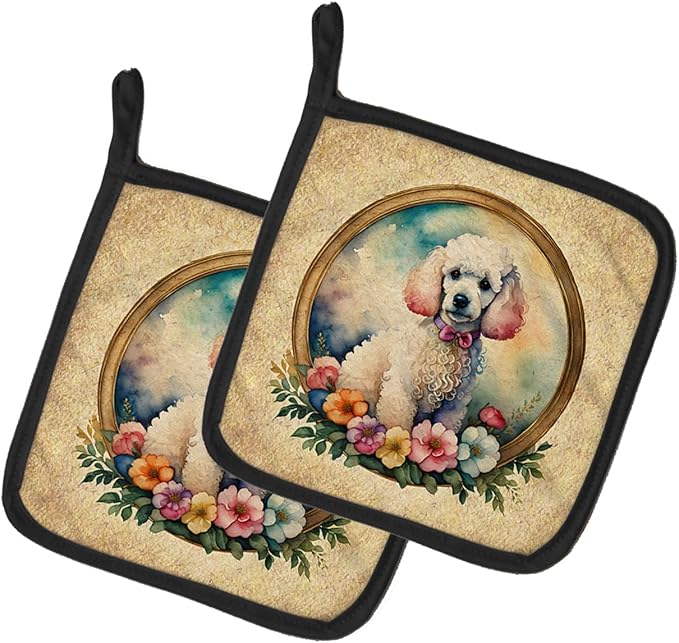 Caroline's Treasures White Poodle and Flowers Pair of Pot Holders Kitchen Heat Resistant Pot Holders Sets Oven Hot Pads for Cooking Baking BBQ, 7 1/2 x 7 1/2