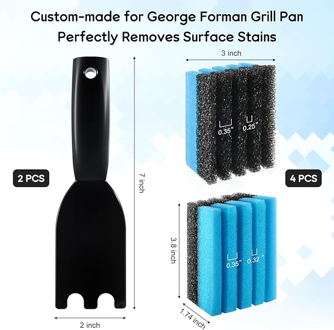 4-Pack Cleaning Sponge 12207 and 2-Pack Grill Scraper for George Foreman Grill, Kitchen Sponges and Scraper Compatible with Most Other Indoor & Outdoor Grills with Grooves and Sandwich Makers
