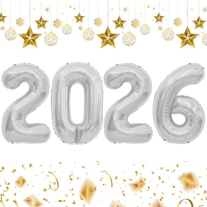 2026 Balloons, 2026 Number Balloons, 2026 Silver Balloon, Foil Happy New Year Balloon for New Year Eve Party Supplies 2026 Graduation Decorations Anniversary Birthday Home Office Decorations, 16 Inch
