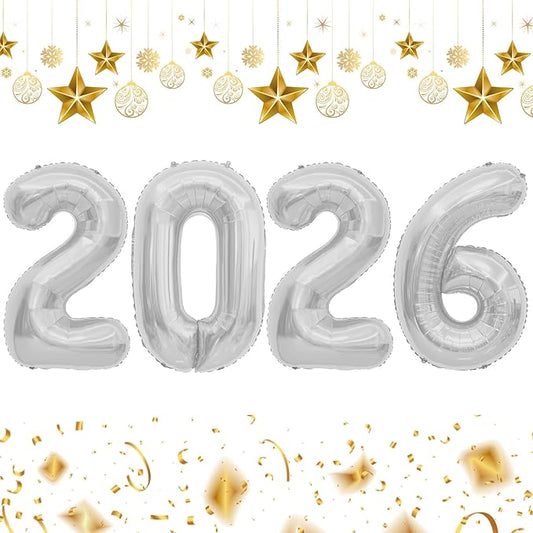 2026 Balloons, 2026 Number Balloons, 2026 Silver Balloon, Foil Happy New Year Balloon for New Year Eve Party Supplies 2026 Graduation Decorations Anniversary Birthday Home Office Decorations, 16 Inch