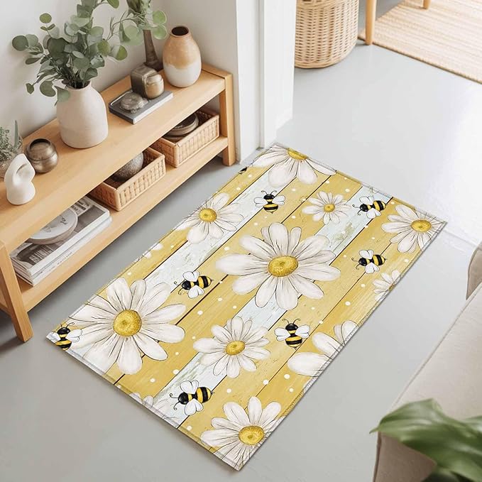 Area Rug 2x3ft, Summer Rustic Daisy Flower Bee Washable Rugs for Living Room Bedroom, Blossom Floral Yellow Wooden Soft Non-Slip Area Rugs Rectangle Floor Carpet for Dining Room