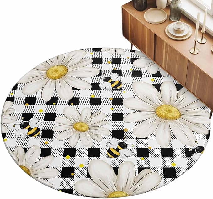 Washable Round Area Rug Farmhouse Blossom Flower Bee Circle Rugs Floor Carpet for Living Room Bedroom, Spring Daisy Black White Plaid Soft Non Slip Round Rug 5ft