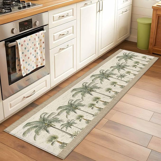 Runner Rug for Bedroom Hallway, Coastal Tropical Olive Green Palm Trees Kitchen Runner Rugs Area Rug 2x6ft, Classic Retro Linen Washable Soft Floor Carpet for Entryway Stair