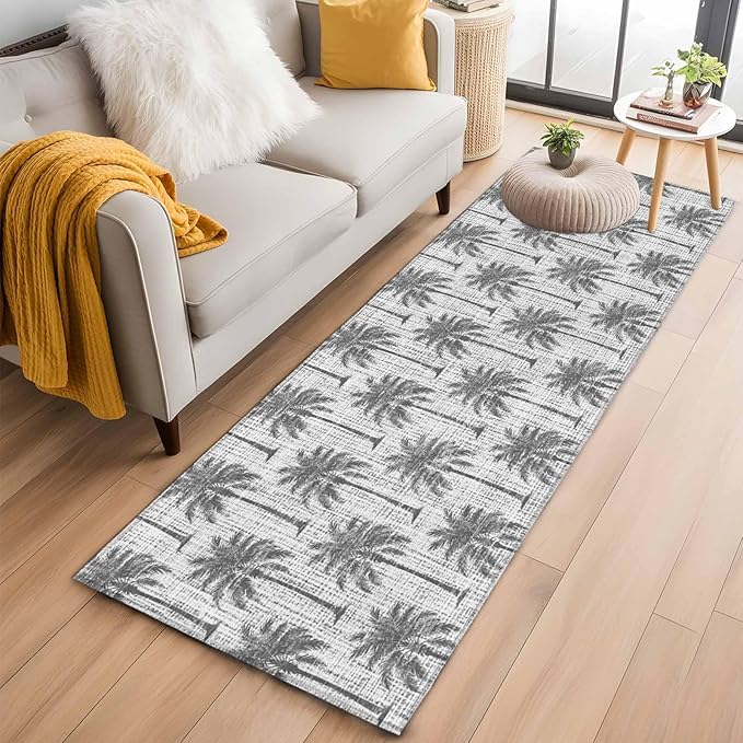 Runner Rug for Bedroom Hallway, Summer Palm Tree Retro Linen Kitchen Runner Rugs Area Rug 2x6ft, Tropical Gray Botanical Washable Soft Floor Carpet for Entryway Stair