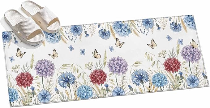 Runner Rug for Bedroom Hallway, Watercolor Hydrangea Flower Kitchen Runner Rugs Area Rug 2x6ft, Garden Floral Butterfly Leaves Washable Soft Floor Carpet for Entryway Stair