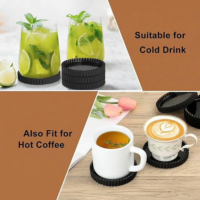 Drink Coaster Set of 5- Coffee Table Coasters, Round Cup Mats Home Décor Accents, Cup Coaster, Glass, Black, Coasters for Office, Kitchen, Bar, Dining Room, Living Room, Patio