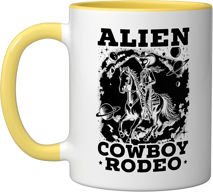 Alien Lover Flying Saucer UFO Extraterrestrial Cowboy Ceramic Mug, Yellow/White