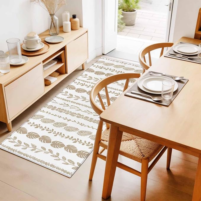 Runner Rug for Bedroom Hallway, Farmhouse Monstera Leaf Seamless Kitchen Runner Rugs Area Rug 2x6ft, Summer Rustic Abstract Leaves Washable Soft Floor Carpet for Entryway Stair