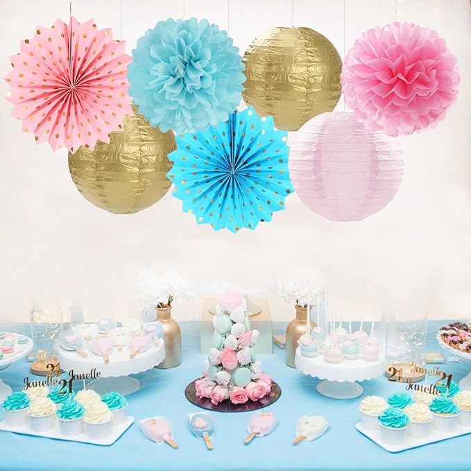OURUOLA Pink Blue-Gold Party-Decorations Streamers Lanterns - 14pcs Gender Reveal Boy or Girl Birthday Paper Lanterns Fan,Tissue Pom Poms Streamer, Honeycomb Balls Decor