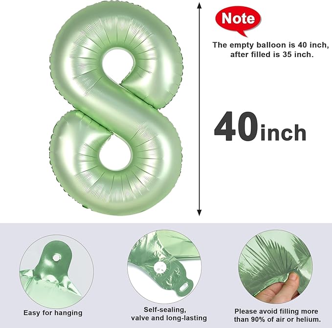 40 Inch Number 8 Balloon, 8 Year Old Girl Birthday Decorations, Giant Olive Green 18 28 80 Birthdays Balloons for Men Boys, 8th Birth Decor Party Supplies, Wedding Anniversary, Graduations