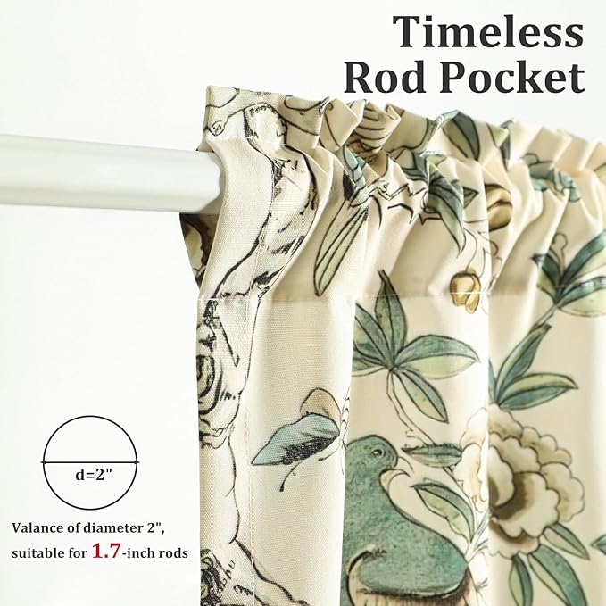 Leeva Floral Print Short Window Curtains, Farmhouse Style Soft Faux Linen Half Cafe Curtains, Protect Privacy for Kitchen Bedroom Living Room, W 30 x L 36, Green & Beige