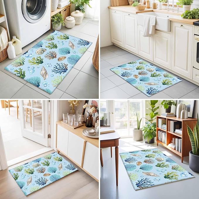 Area Rug 2x3ft, Coastal Shell Coral Bubble Washable Rugs for Living Room Bedroom, Nautical Ocean Blue Underwater Scene Soft Non-Slip Area Rugs Rectangle Floor Carpet for Dining Room
