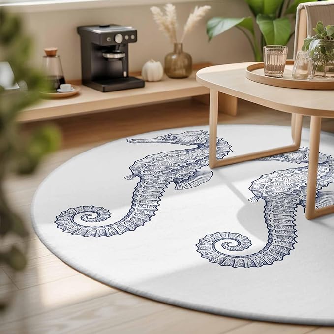 Washable Round Area Rug Summer Light Blue Seahorse Circle Rugs Floor Carpet for Living Room Bedroom, Underwater Ocean Animals Soft Non Slip Round Rug 3ft