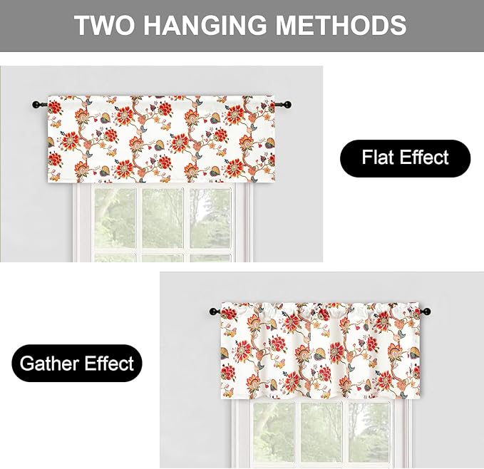 Leeva Floral Bedroom Valance Curtains, Linen Textured Valance Home Decor Rod Pocket Curtain Drapery for Dining Room, 1 Pack, 52 x 18 Inches, Red