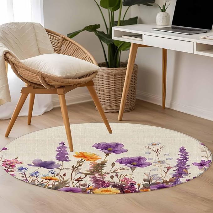 Washable Round Area Rug Country Flower Purple Lavender Plant Circle Rugs Floor Carpet for Living Room Bedroom, Retro Linen Soft Non Slip Round Rug 4ft