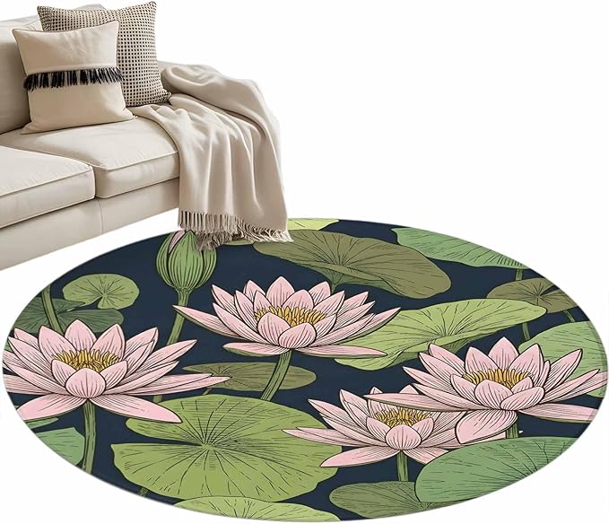 Washable Round Area Rug Pink Lotus Water Lily Dark Green Leaves Circle Rugs Floor Carpet for Living Room Bedroom, Oriental Style Soft Non Slip Round Rug 3ft
