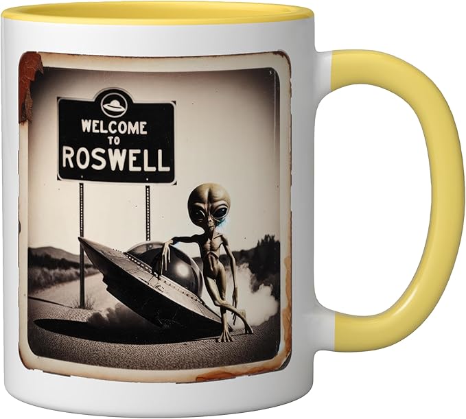 Vintage Alien UFO Crash At Roswell 1947 Photo Ceramic Mug, Yellow/White