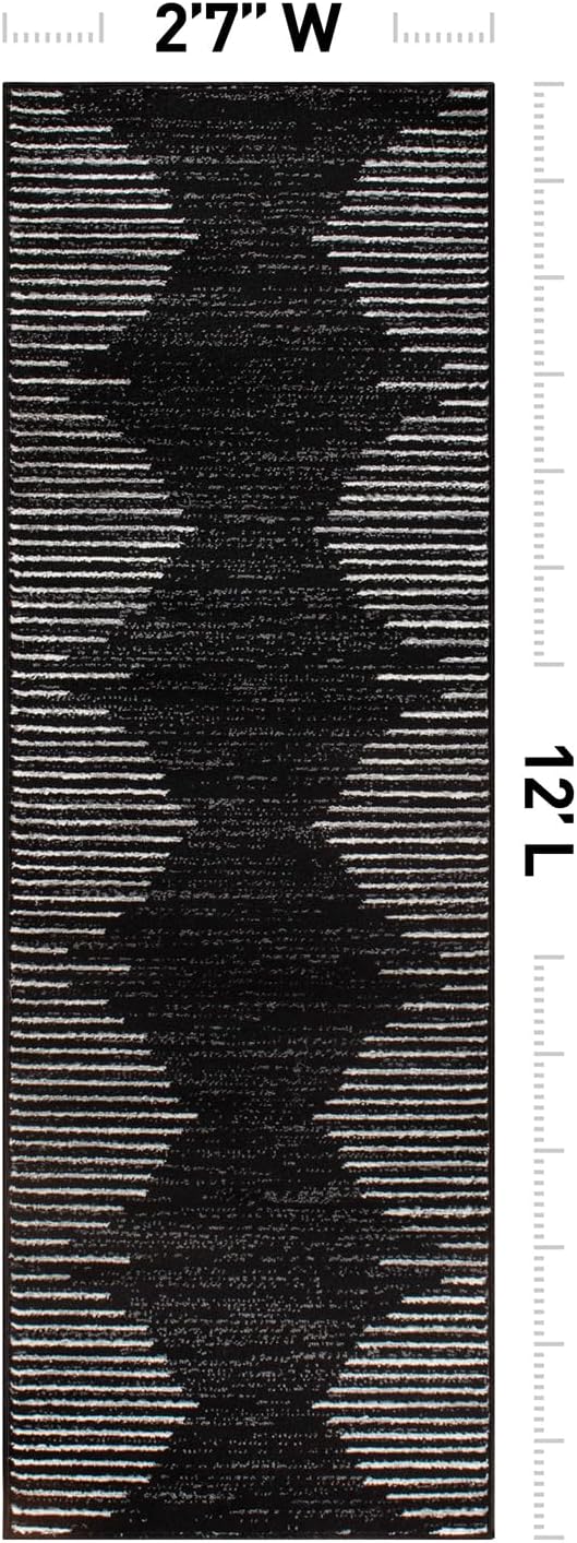 Rugshop Bohemian Stripe Stain Resistant High Traffic Living Room Kitchen Bedroom Dining Home Office Runner Rug 2'7" x 12' Black