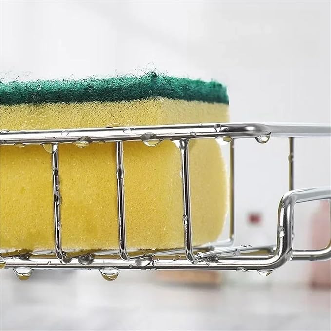 Adjustable Sink Faucet Shelf, Stainless Steel Over Faucet Drain Rack for Sponge Soap and Towel, Rotatable Kitchen Bathroom Organizer with Hooks(B)