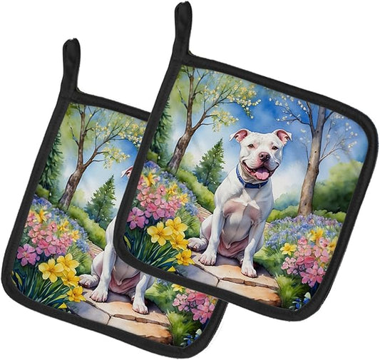 Caroline's Treasures Pit Bull Terrier Spring Path Pair of Pot Holders Kitchen Heat Resistant Pot Holders Sets Oven Hot Pads for Cooking Baking BBQ, 7 1/2 x 7 1/2