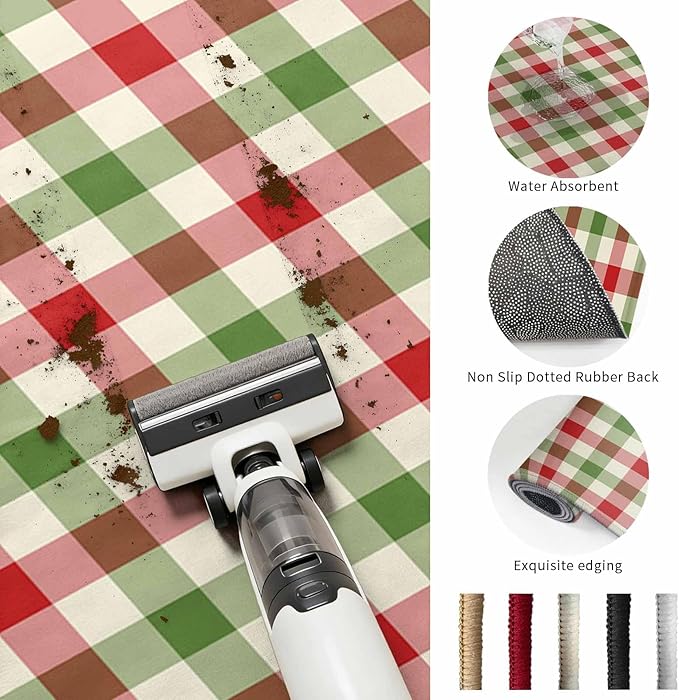 Washable Round Area Rug Vintage Pastoral Red Green Buffalo Gingham Circle Rugs Floor Carpet for Living Room Bedroom, Christmas Plaid Soft Non Slip Round Rug 5ft