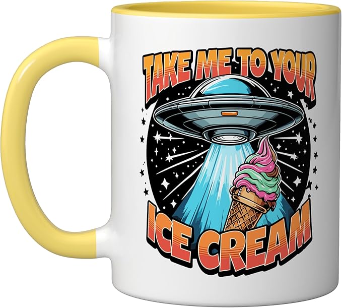 Take Me to Your Ice Creams UFO Abduction Funny Ice Cream Ceramic Mug, Yellow/White