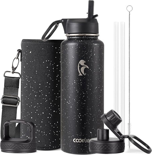 Coolflask Water Bottle 40 oz Insulated with Straw, Stainless Steel Metal 3 Lids Water Flask for Sports or Office, Keep Cold 48H Hot 24H, Starry Night
