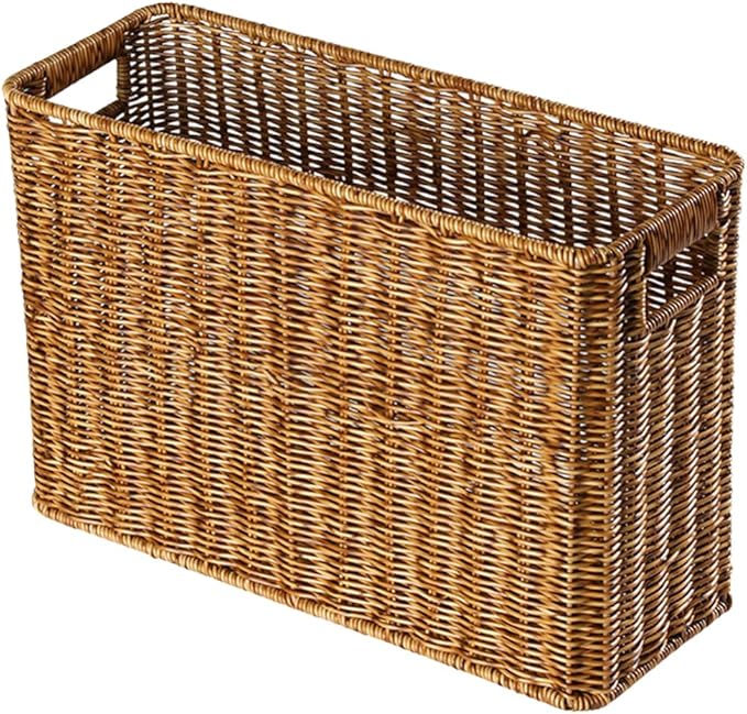 Happyyami Hand-Woven Magazine Basket Magazine Wicker Basket Rattan Magazine Holder Desk Storage Baskets with Handle for Bathroom Office