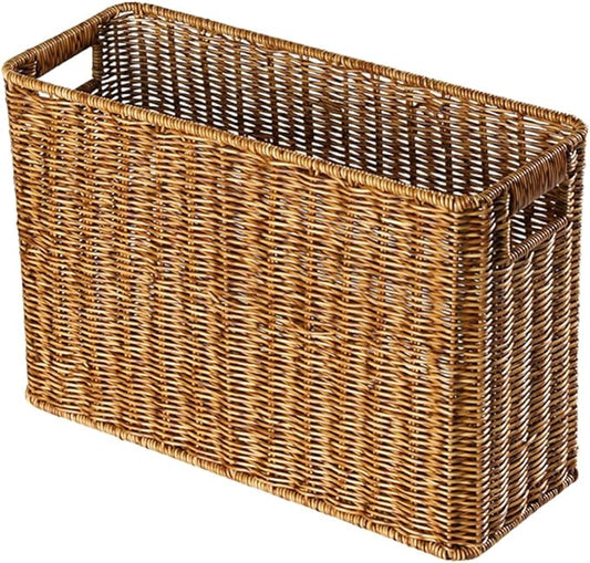 Happyyami Hand-Woven Magazine Basket Magazine Wicker Basket Rattan Magazine Holder Desk Storage Baskets with Handle for Bathroom Office