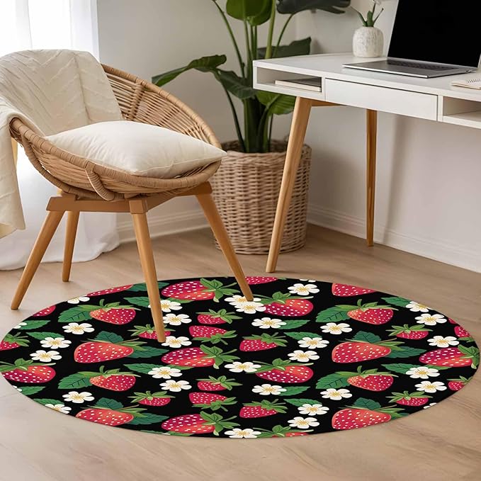 Washable Round Area Rug Red Strawberry Litter Flower Leaves on Black Circle Rugs Floor Carpet for Living Room Bedroom, Summer Fruit Soft Non Slip Round Rug 3ft